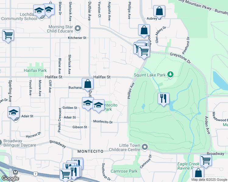 map of restaurants, bars, coffee shops, grocery stores, and more near 1936 Goleta Drive in Burnaby