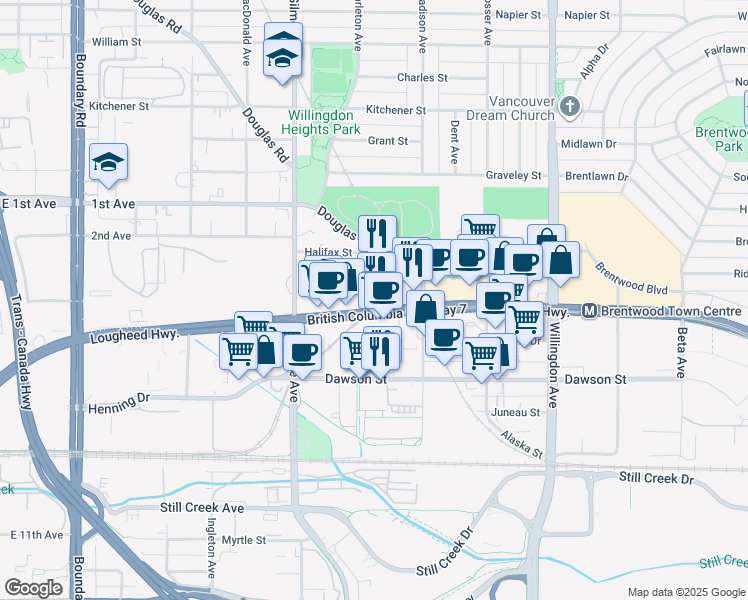 map of restaurants, bars, coffee shops, grocery stores, and more near 4219 B Lougheed Highway in Burnaby