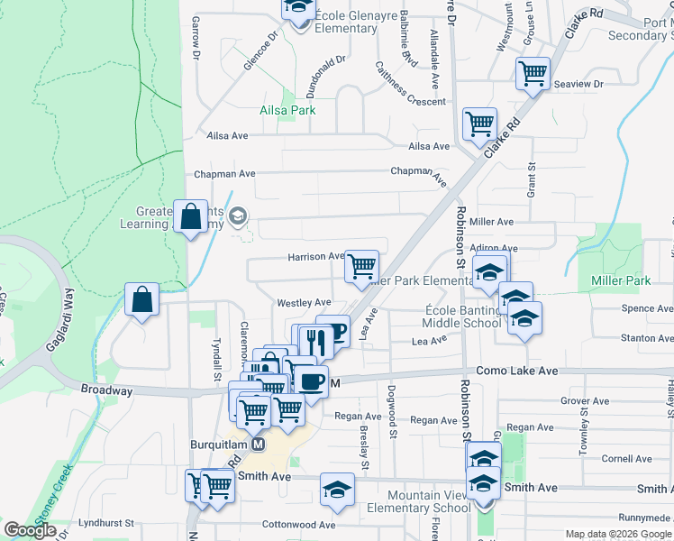 map of restaurants, bars, coffee shops, grocery stores, and more near 623 Westley Avenue in Coquitlam