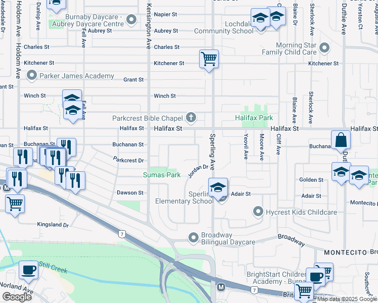 map of restaurants, bars, coffee shops, grocery stores, and more near 6622 Kendale Court in Burnaby