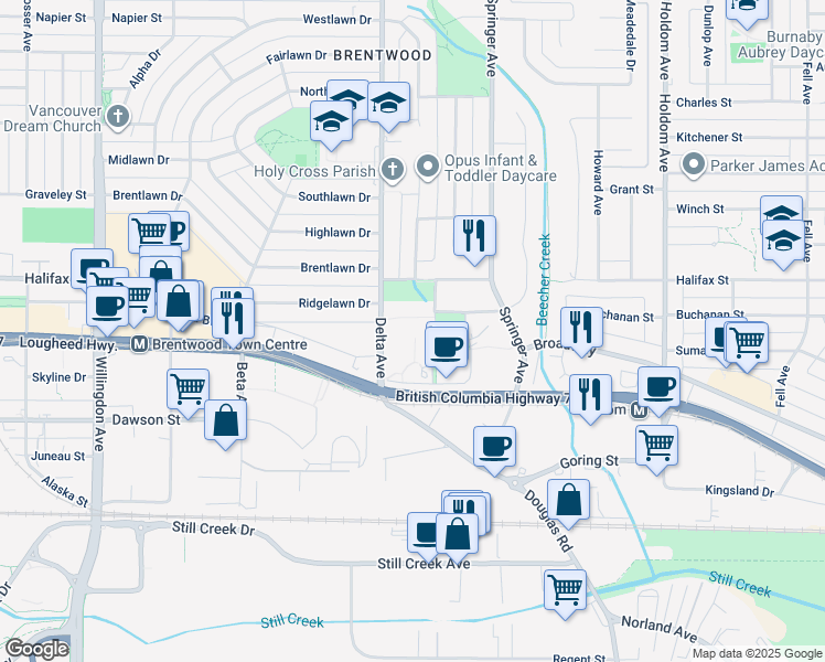 map of restaurants, bars, coffee shops, grocery stores, and more near in Burnaby