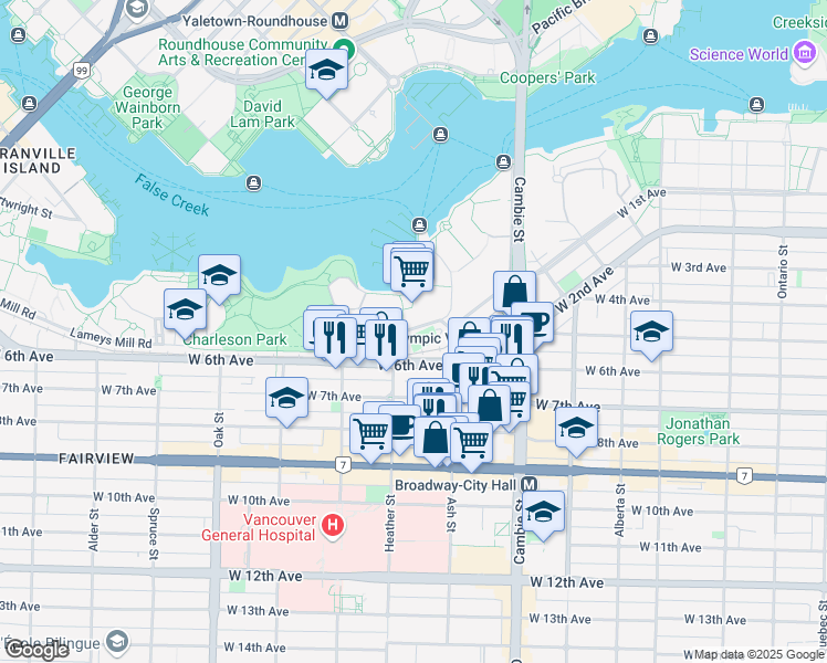 map of restaurants, bars, coffee shops, grocery stores, and more near in Vancouver
