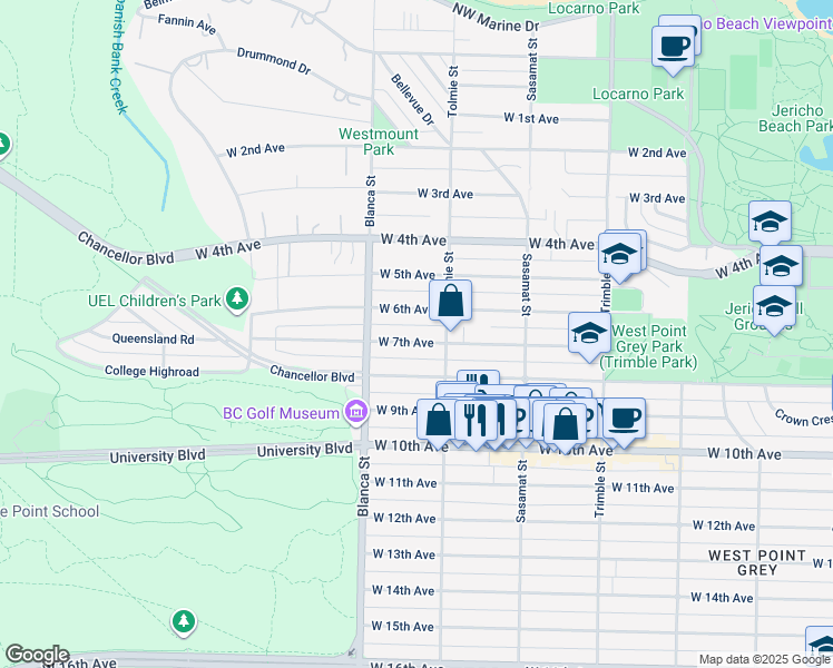 map of restaurants, bars, coffee shops, grocery stores, and more near 4633 West 7th Avenue in Vancouver