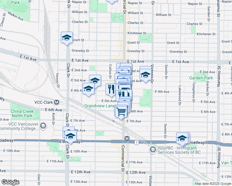 map of restaurants, bars, coffee shops, grocery stores, and more near 1634 East 4th Avenue in Vancouver