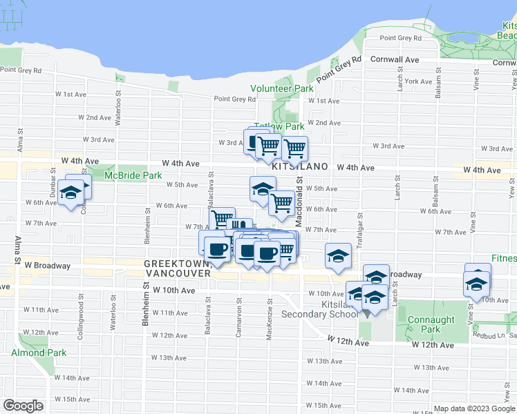 map of restaurants, bars, coffee shops, grocery stores, and more near 2196 Bayswater Street in Vancouver