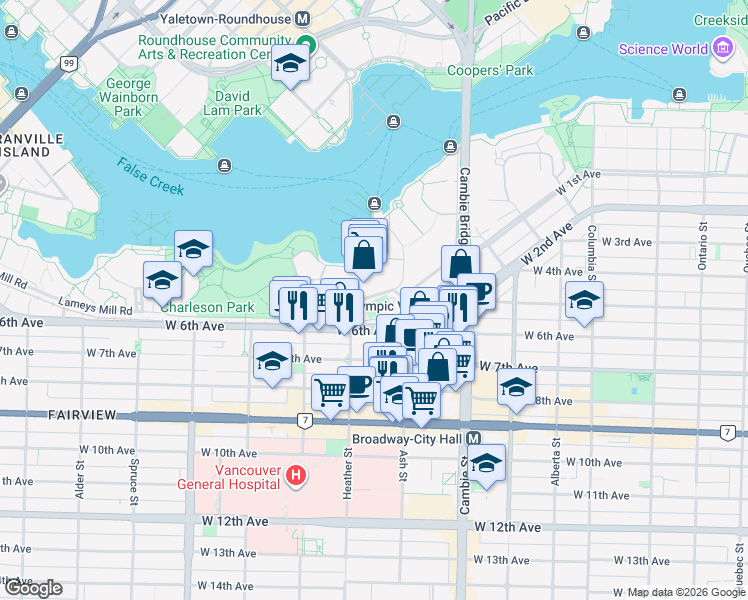 map of restaurants, bars, coffee shops, grocery stores, and more near 650 Moberly Road in Vancouver