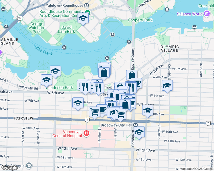map of restaurants, bars, coffee shops, grocery stores, and more near in Vancouver