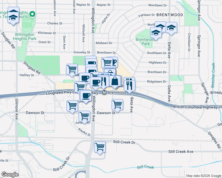 map of restaurants, bars, coffee shops, grocery stores, and more near in Burnaby