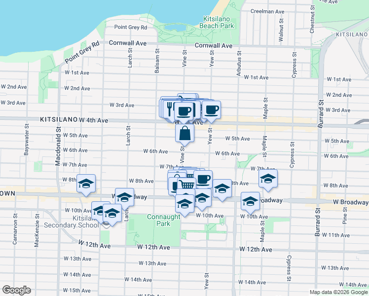 map of restaurants, bars, coffee shops, grocery stores, and more near 2198 Vine Street in Vancouver
