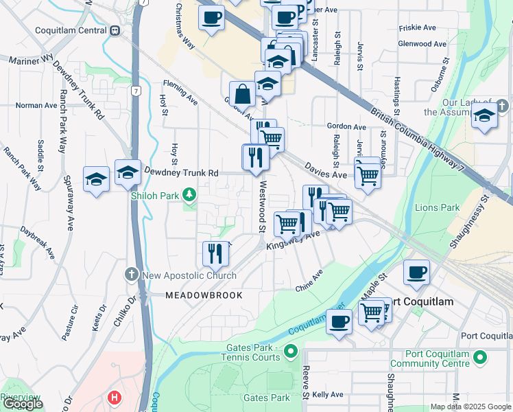 map of restaurants, bars, coffee shops, grocery stores, and more near 906 Westwood Street in Coquitlam