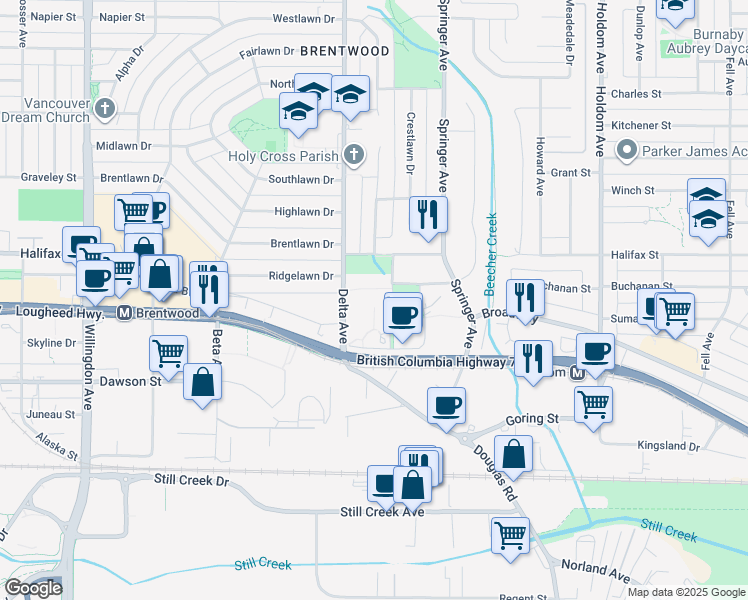 map of restaurants, bars, coffee shops, grocery stores, and more near 1945 Woodway Place in Burnaby