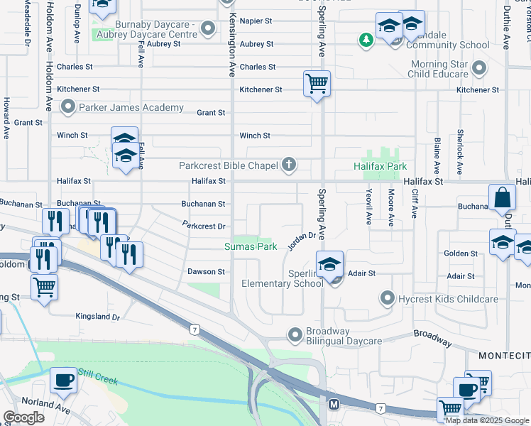 map of restaurants, bars, coffee shops, grocery stores, and more near 6562 Sumas Drive in Burnaby
