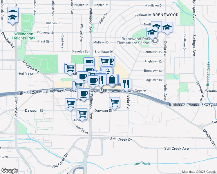 map of restaurants, bars, coffee shops, grocery stores, and more near 1955 Alpha Way in Burnaby