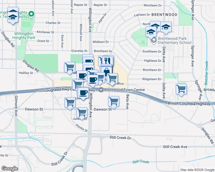 map of restaurants, bars, coffee shops, grocery stores, and more near 1955 Alpha Way in Burnaby