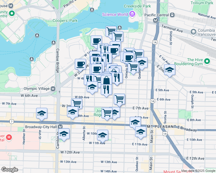 map of restaurants, bars, coffee shops, grocery stores, and more near 153 West 4th Avenue in Vancouver