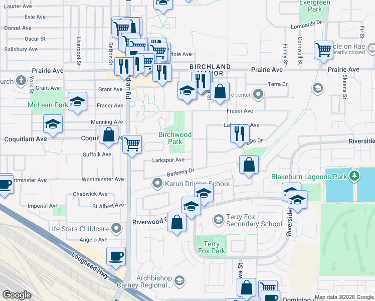 map of restaurants, bars, coffee shops, grocery stores, and more near 2961 Larch Way in Port Coquitlam