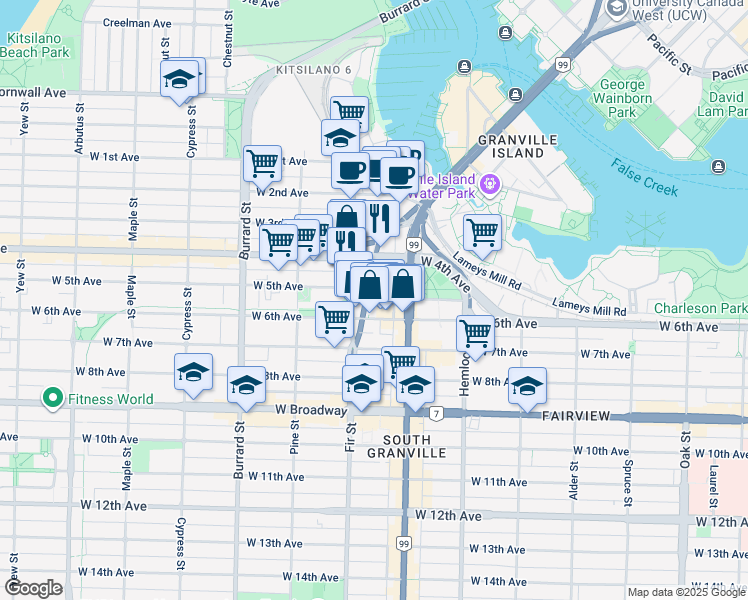 map of restaurants, bars, coffee shops, grocery stores, and more near 1562 West 5th Avenue in Vancouver