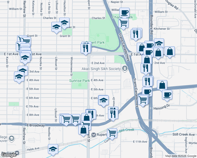 map of restaurants, bars, coffee shops, grocery stores, and more near 3365 East 4th Avenue in Vancouver