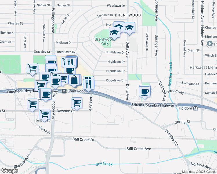 map of restaurants, bars, coffee shops, grocery stores, and more near in Burnaby