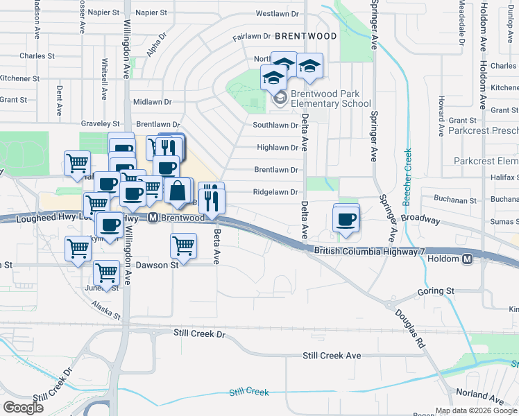 map of restaurants, bars, coffee shops, grocery stores, and more near 4799 Brentwood Drive in Burnaby