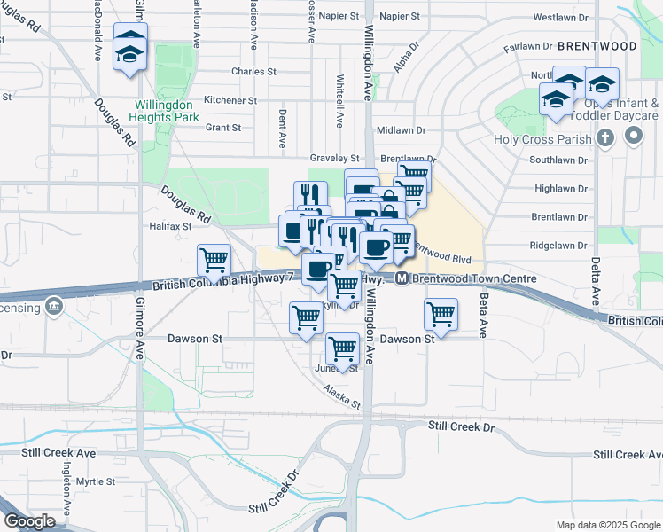 map of restaurants, bars, coffee shops, grocery stores, and more near 4461 Buchanan Street in Burnaby