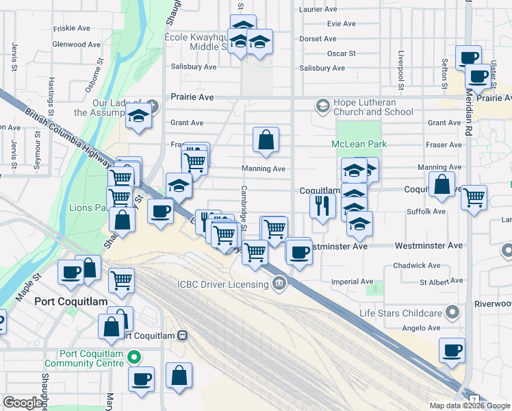map of restaurants, bars, coffee shops, grocery stores, and more near 1999 Suffolk Avenue in Port Coquitlam