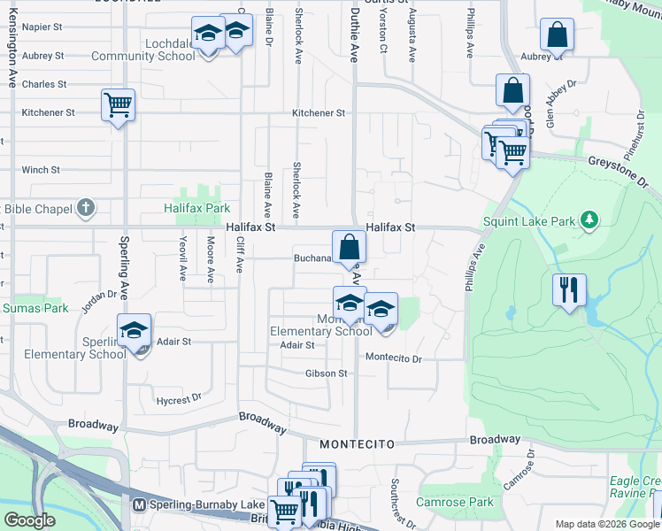 map of restaurants, bars, coffee shops, grocery stores, and more near 7170 Buchanan Street in Burnaby