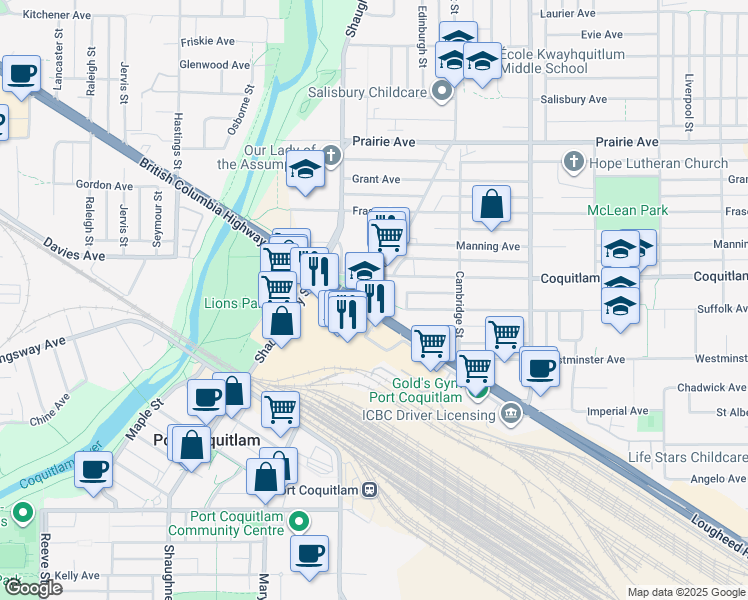 map of restaurants, bars, coffee shops, grocery stores, and more near 3008 Flint Street in Port Coquitlam