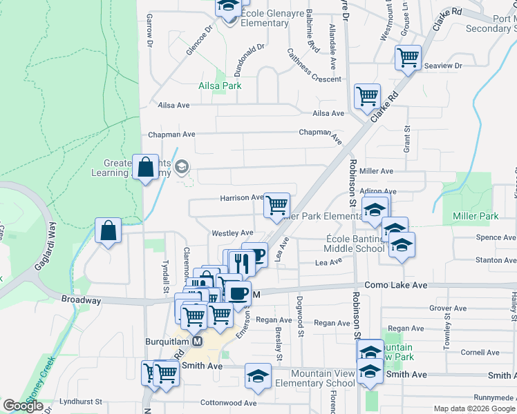 map of restaurants, bars, coffee shops, grocery stores, and more near 623 Kemsley Avenue in Coquitlam