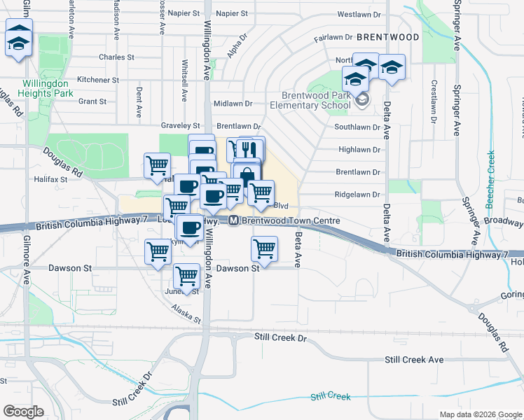 map of restaurants, bars, coffee shops, grocery stores, and more near 4567 Lougheed Highway in Burnaby