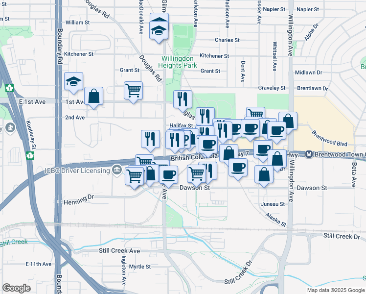 map of restaurants, bars, coffee shops, grocery stores, and more near 4141 Lougheed Highway in Burnaby