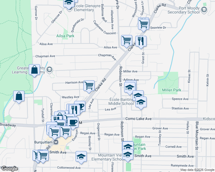 map of restaurants, bars, coffee shops, grocery stores, and more near 735 Anskar Court in Port Moody