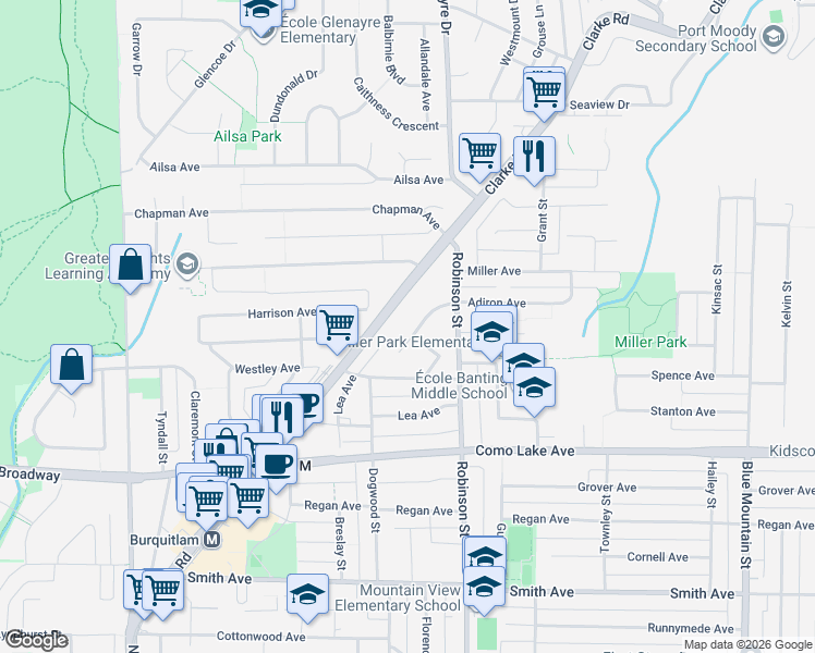 map of restaurants, bars, coffee shops, grocery stores, and more near 735 Anskar Court in Port Moody