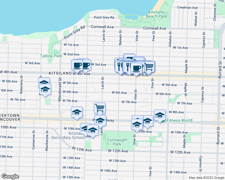 map of restaurants, bars, coffee shops, grocery stores, and more near 2433 West 6th Avenue in Vancouver