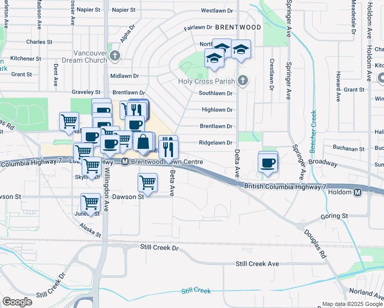 map of restaurants, bars, coffee shops, grocery stores, and more near in Burnaby