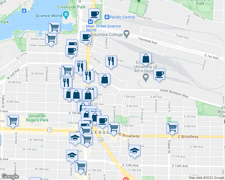 map of restaurants, bars, coffee shops, grocery stores, and more near in Vancouver