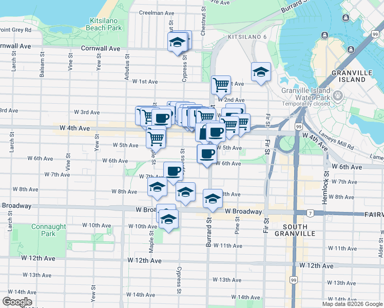 map of restaurants, bars, coffee shops, grocery stores, and more near in Vancouver