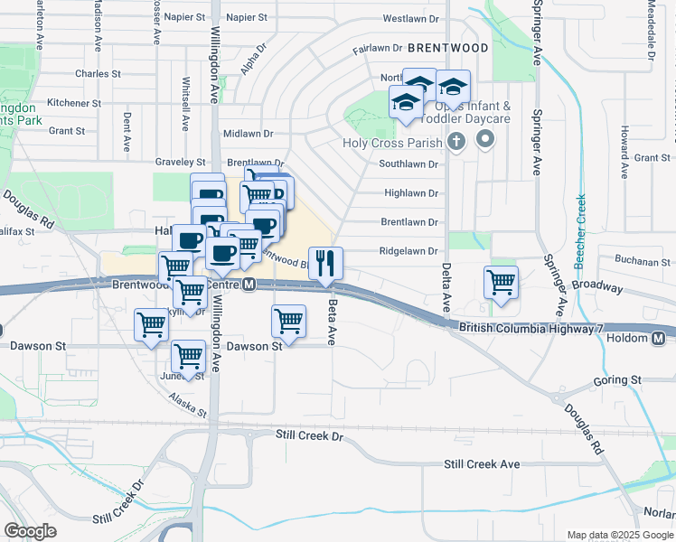 map of restaurants, bars, coffee shops, grocery stores, and more near 4728 Brentwood Drive in Burnaby