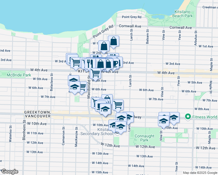 map of restaurants, bars, coffee shops, grocery stores, and more near 2645 West 6th Avenue in Vancouver