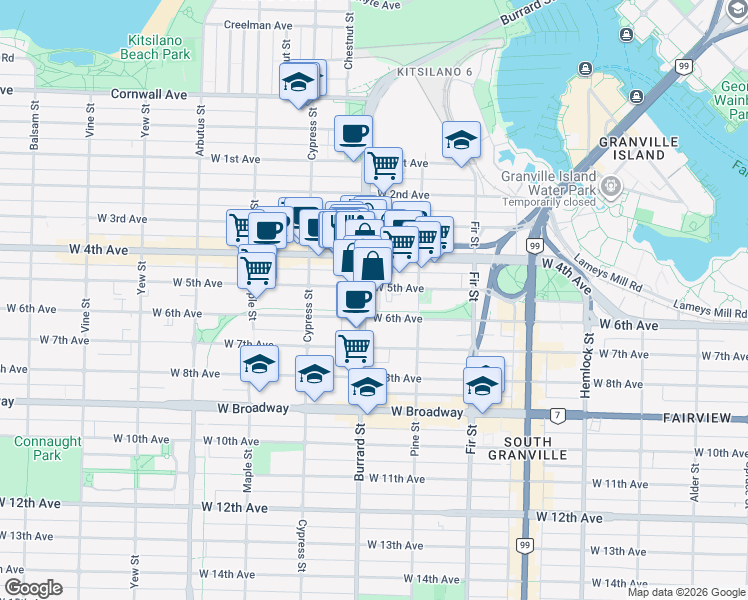 map of restaurants, bars, coffee shops, grocery stores, and more near 1787 West 4th Avenue in Vancouver
