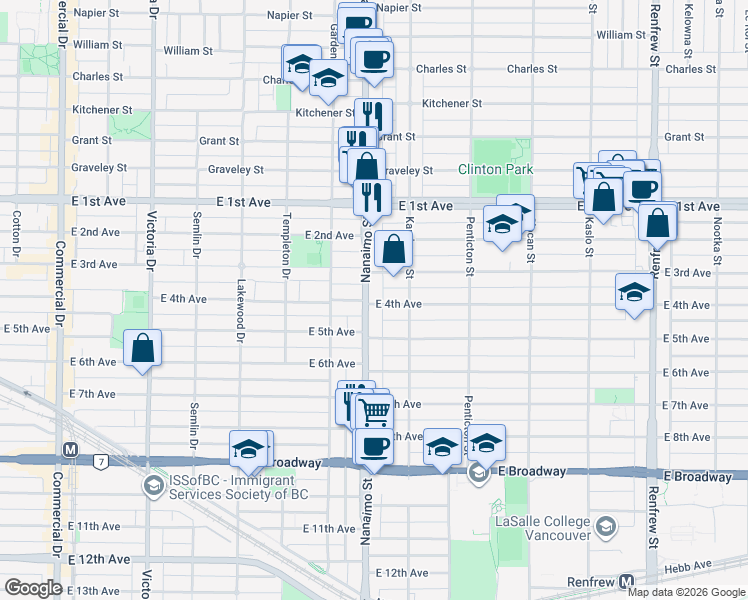 map of restaurants, bars, coffee shops, grocery stores, and more near 2423 East 4th Avenue in Vancouver