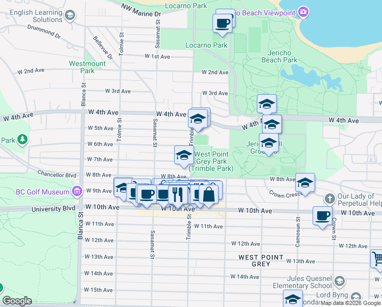map of restaurants, bars, coffee shops, grocery stores, and more near Trimble Street in Vancouver