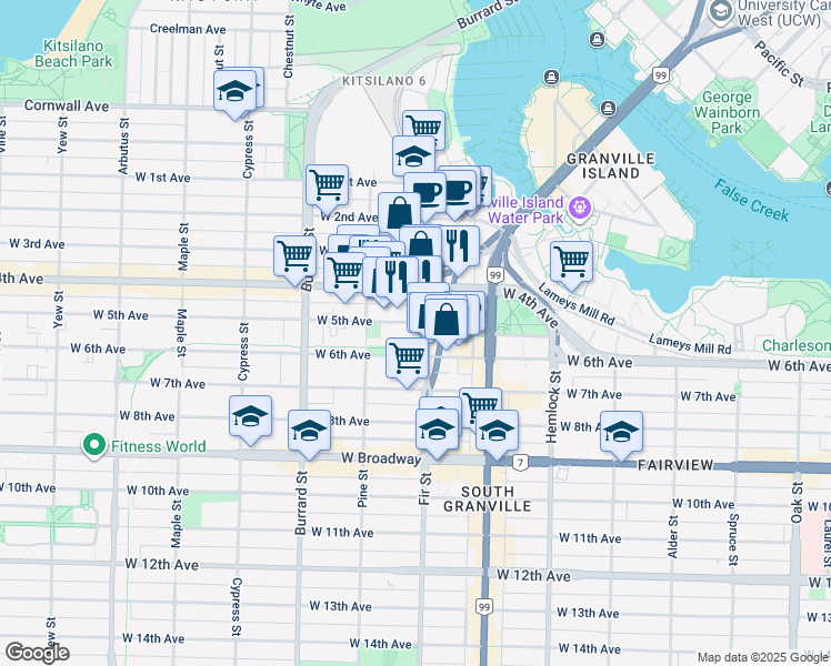 map of restaurants, bars, coffee shops, grocery stores, and more near in Vancouver
