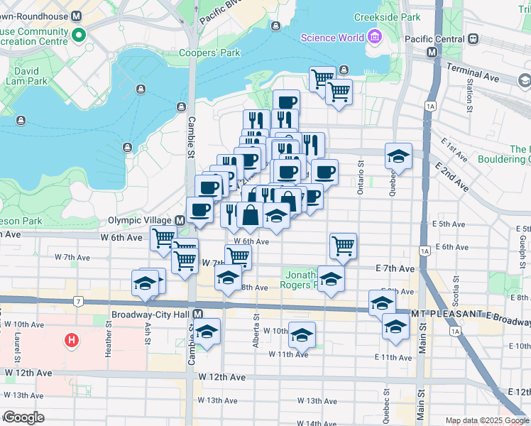map of restaurants, bars, coffee shops, grocery stores, and more near 308 West 2nd Avenue in Vancouver