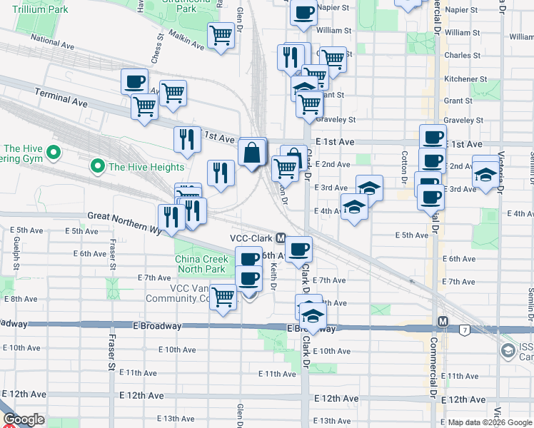map of restaurants, bars, coffee shops, grocery stores, and more near 2010 Glen Drive in Vancouver