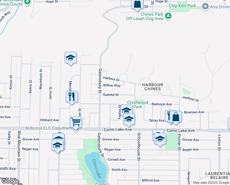 map of restaurants, bars, coffee shops, grocery stores, and more near 1349 Summit Drive in Coquitlam