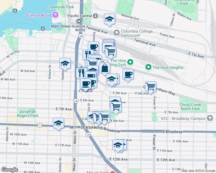 map of restaurants, bars, coffee shops, grocery stores, and more near 423 Great Northern Way in Vancouver