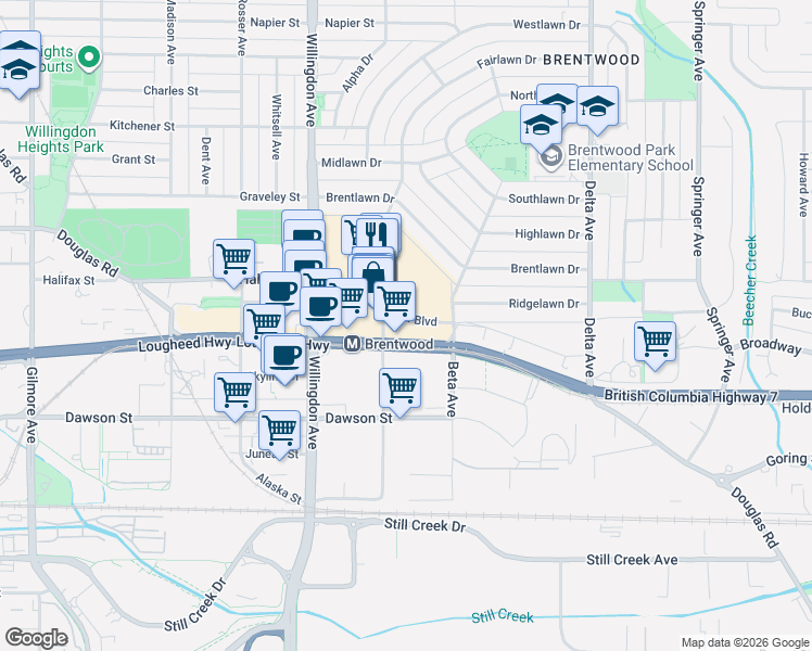 map of restaurants, bars, coffee shops, grocery stores, and more near 4650 Brentwood Boulevard in Burnaby