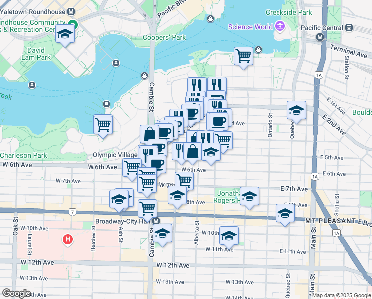 map of restaurants, bars, coffee shops, grocery stores, and more near in Vancouver