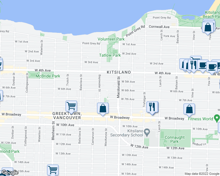 map of restaurants, bars, coffee shops, grocery stores, and more near 2851 West 6th Avenue in Vancouver